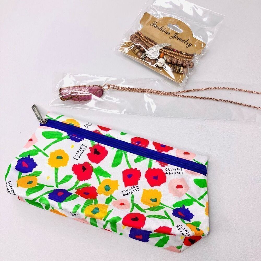 Clinique Floral Pouch Crystal Necklace & Stackable Bracelet Bundle